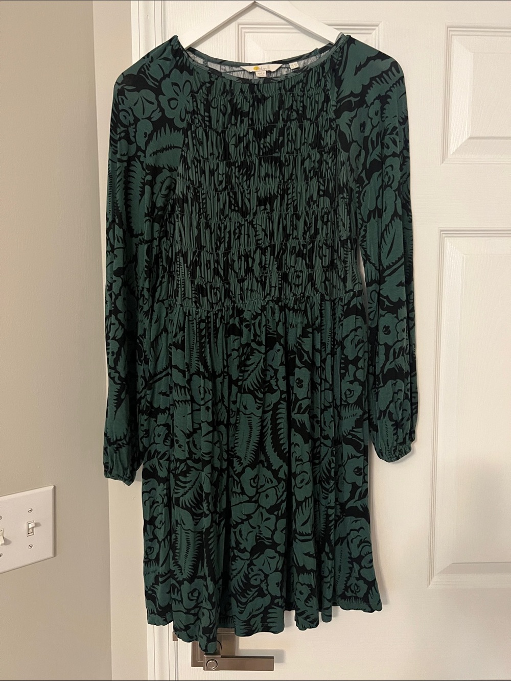 Boden Green and Black Floral Smocked Long-Sleeve Dress